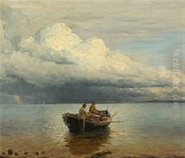 Fishermen By Their Boat,  On The Horizon A Rainbow Oil Painting by Holger Luebbers