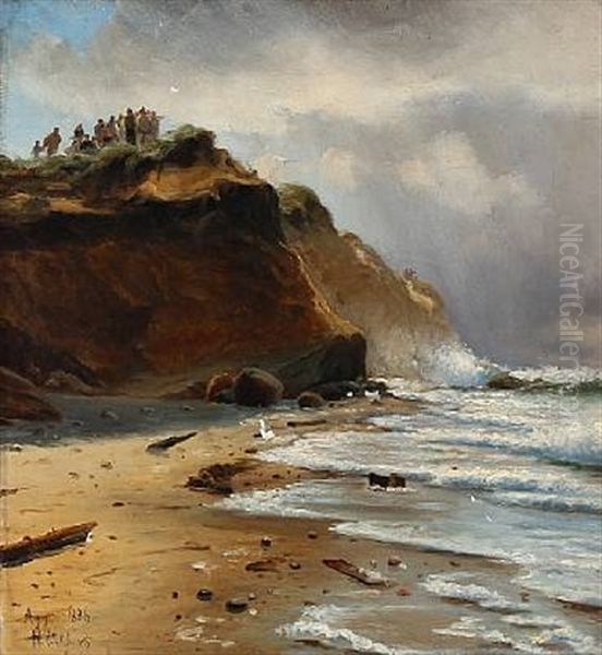 Beach Scene With Fishermen At The Coast Of Agger Oil Painting by Holger Luebbers