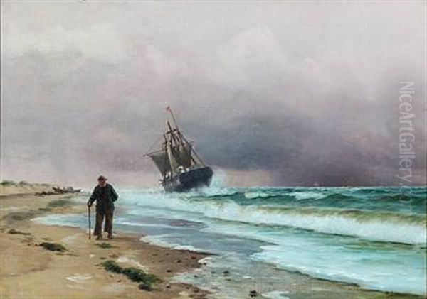 Coastal Scene With An Older Man Walking Along The Beach Oil Painting by Holger Luebbers