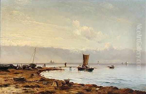 Coastal Scene With Fishermen Oil Painting by Holger Luebbers