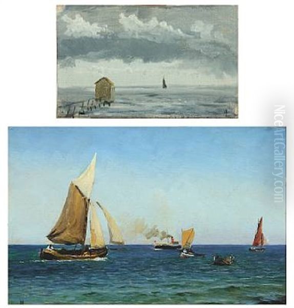 Seascape With Steamer And Coastal Scenery With Boathouse (2 Works) Oil Painting by Holger Luebbers