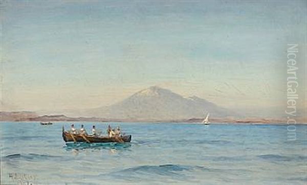 Summer Day At The Gulf Of Naples With Fishermen In A Boat In The Background Vesuvius Oil Painting by Holger Luebbers