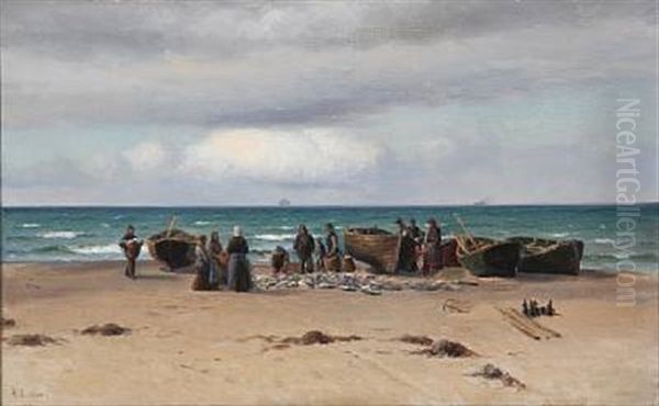 Beach Scene With Fishermen's Catch Oil Painting by Holger Luebbers