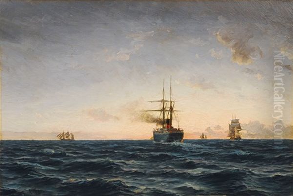 Steamship And Sailing Ships Oil Painting by Holger Luebbers