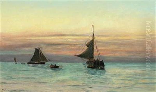 Seascape With Sailing Ships In The Sunset Oil Painting by Holger Luebbers