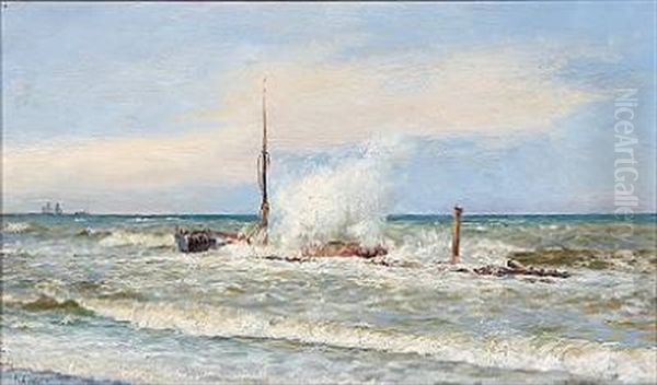 Breakers With A Ship Wreck Oil Painting by Holger Luebbers