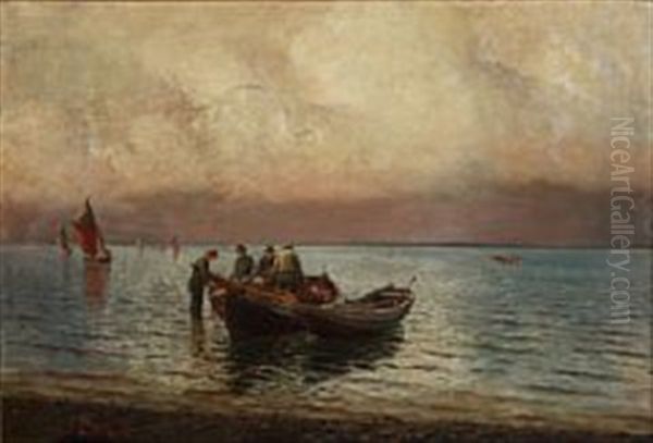 Fishermen Fixing Fishnet In The Water Edge Oil Painting by Holger Luebbers