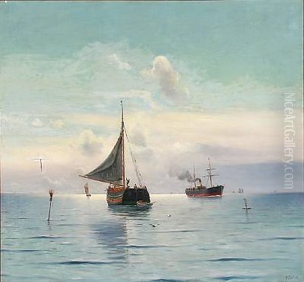 Seascape With Ships In Quiet Weather Oil Painting by Holger Luebbers