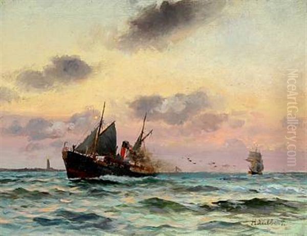 Evening Scenery With Steamer At A Lighthouse Oil Painting by Holger Luebbers