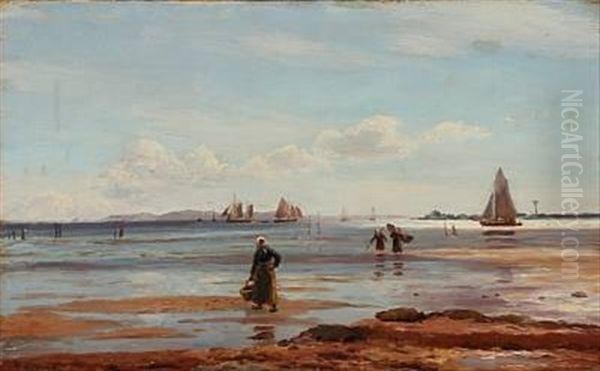 Coastal Scene With Fishermens Wives On The Beach At Halso Oil Painting by Holger Luebbers