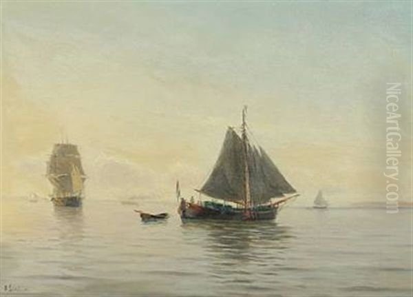 Seascape With Several Sailing Ships In The Morning Mist Oil Painting by Holger Luebbers