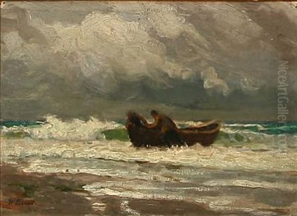 Two Fishermen Draws Their Rowboat Up On The Shore Oil Painting by Holger Luebbers