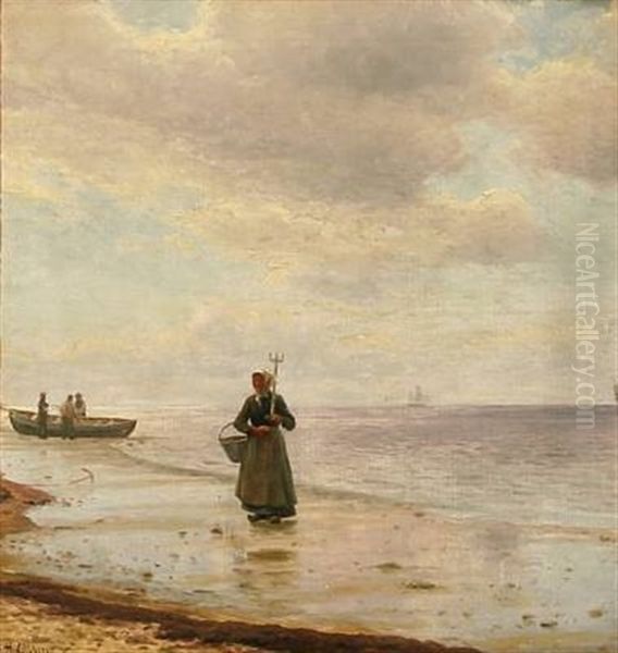 Coastal Scene With A Fisherman's Wife And Three Fishermen (skagen, Denmark) Oil Painting by Holger Luebbers