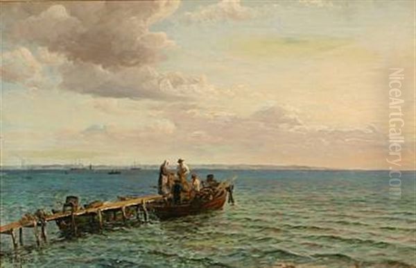 Coastal Scene With Ships On The Sea, In The Background The Swedish Coast Oil Painting by Holger Luebbers