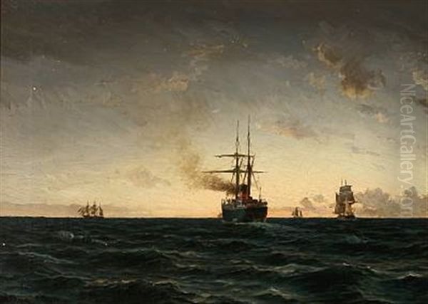 Seascape With A Steamer And Sailing Ships In The Evening Sun Oil Painting by Holger Luebbers