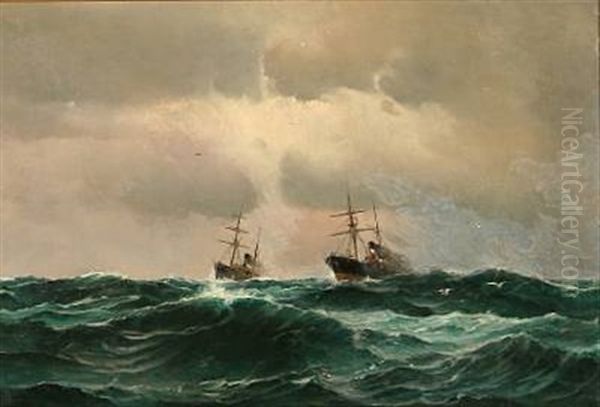 Two Racing Steamers In The Atlantic Ocean Oil Painting by Holger Luebbers