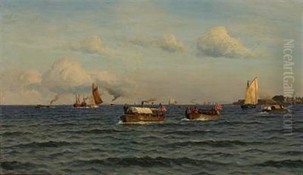 Barges And Rowing Boat With The American Flag At Trekroner Off Copenhagen Oil Painting by Holger Luebbers