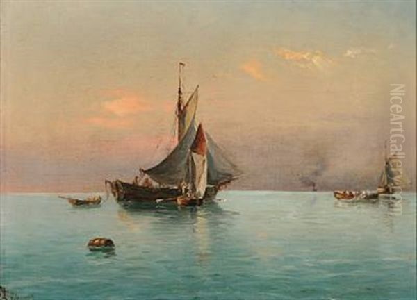 Quiet Summer Evening With Sailing Ships On Open Sea Oil Painting by Holger Luebbers