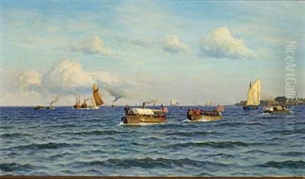 Barges And Rowing Boats With The American Flag At Trekroner Off Copenhagen Oil Painting by Holger Luebbers