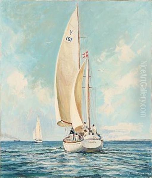 Marine With Sailing Boats In Summer Weather Oil Painting by Holger Luebbers