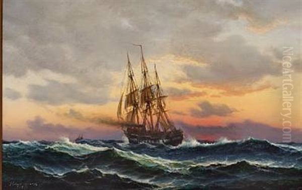 Seascape With Ships In The Sunset Oil Painting by Holger Luebbers