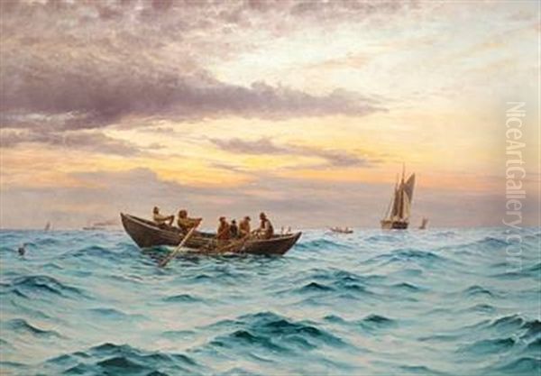 Fishermen At Sea In The Morning Light by Holger Luebbers