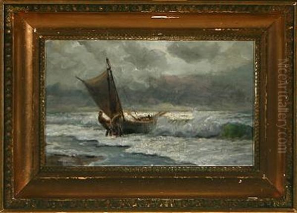 Fishermen Pulling Their Boat Onshore Oil Painting by Holger Luebbers