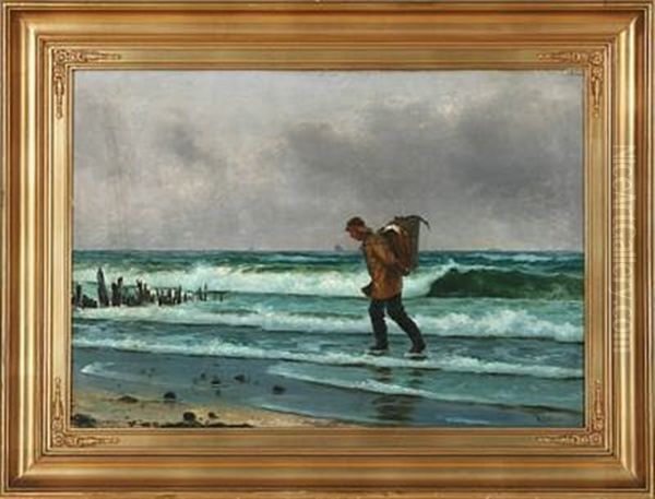 Fisherman On The Beach With A Basket With Today's Catch On His Back Oil Painting by Holger Luebbers