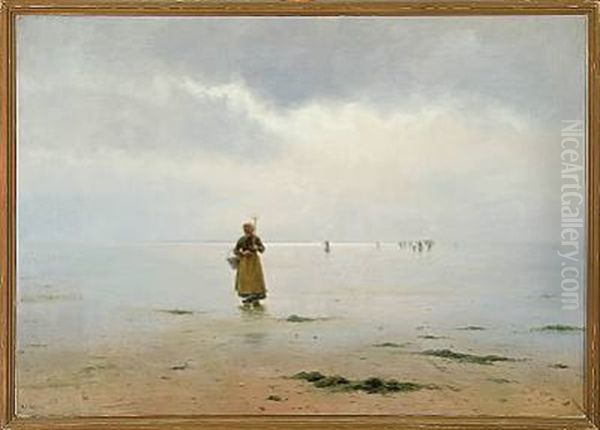 A Fisherman's Wife On A Beach In Brittany Oil Painting by Holger Luebbers