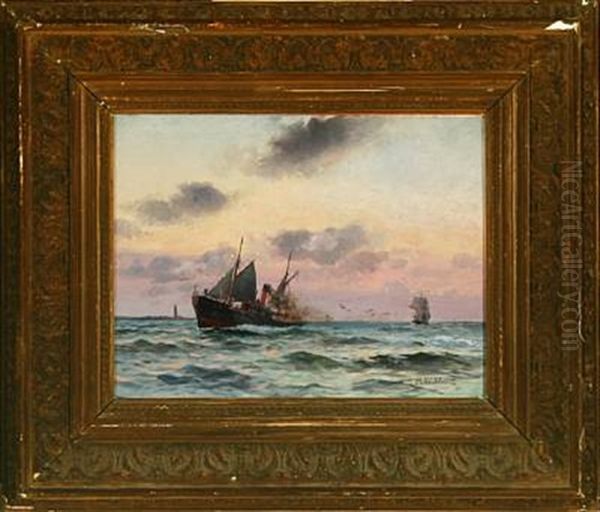 Seascape With Motor Ship And Sailing Ship Off Lighthouse Oil Painting by Holger Luebbers