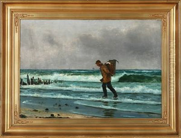 Fisherman On The Beach With A Basket On His Back Oil Painting by Holger Luebbers