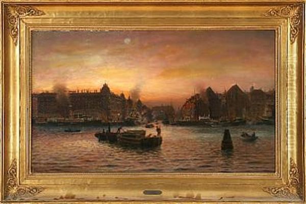 Parti Af Nyhavn, Seet Fra Gronlandske Handelsplads - Efter Solnedgang Oil Painting by Holger Luebbers