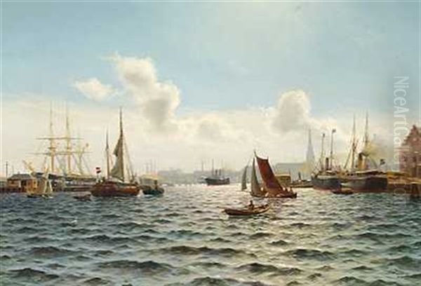 Livlig Trafik I Kobenhavns Havn Med Vor Frelsers Kirkes Tarn I Baggrunden Oil Painting by Holger Luebbers