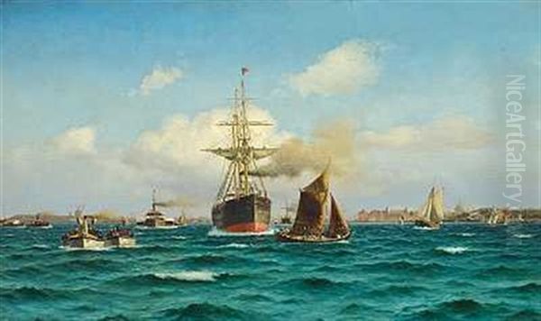 Fragt- Og Passagerskib Sejler Ud Af Kobenhavns Havn Eskorteret Af Talrige Skibe Oil Painting by Holger Luebbers