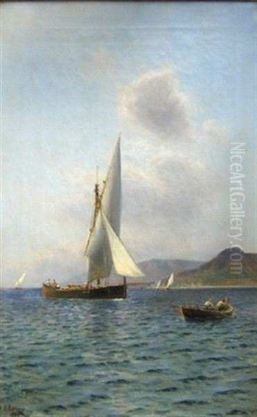 Parti Fra Syditalien Med Fiskerjolle Og Fragtbad Pa Vandet, I Baggrunden Klippekyst, Sommer Oil Painting by Holger Luebbers