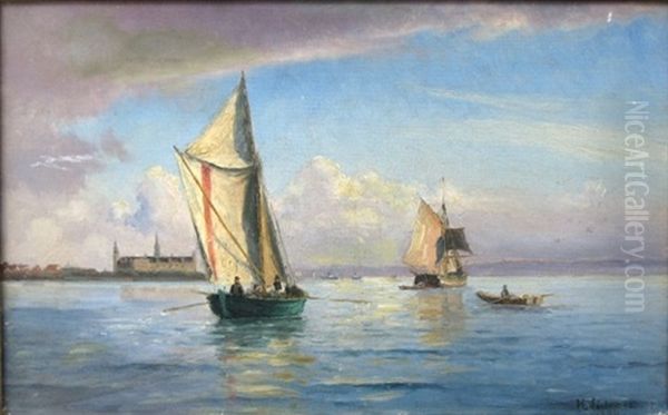 Skibe Pa Sundet Med Kronborg I Baggrunden Oil Painting by Holger Luebbers