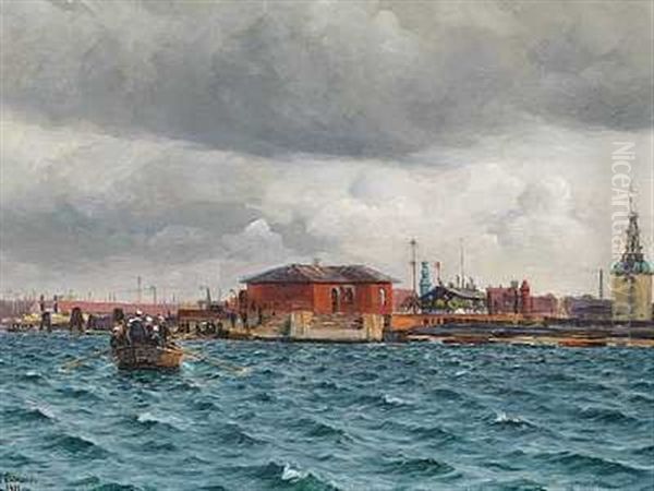 Parti Fra Kobenhavns Havn, I Baggrunden Mastekranen Oil Painting by Holger Luebbers