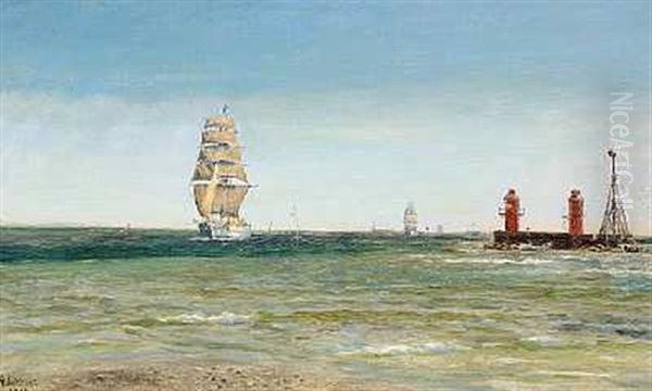 Marine Med Sejlskibe Ud For Et Havnelob Oil Painting by Holger Luebbers