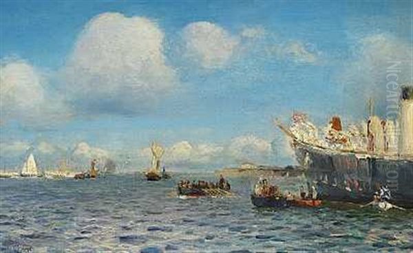 Sommerdag Pa Havet, I Forgrunden Et Russisk Orlogsskib Oil Painting by Holger Luebbers