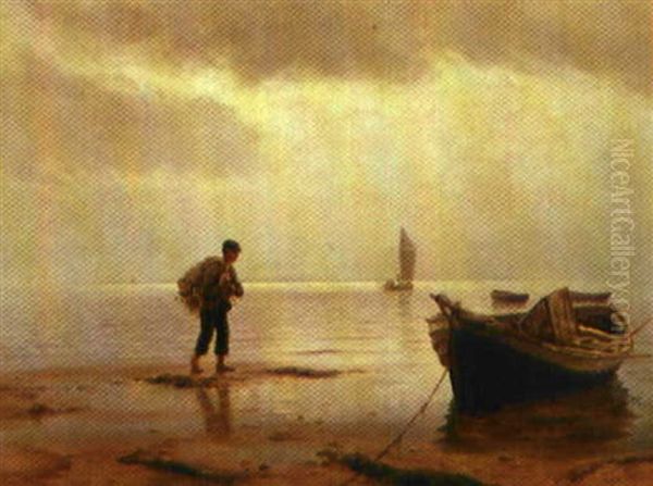 Parti Fra Limfjorden. En Fisker Baerer Dagens Fangst I Land Oil Painting by Holger Luebbers