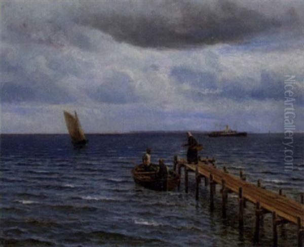 Badebro Med En Kone Og To Fiskere I En Jolle Oil Painting by Holger Luebbers