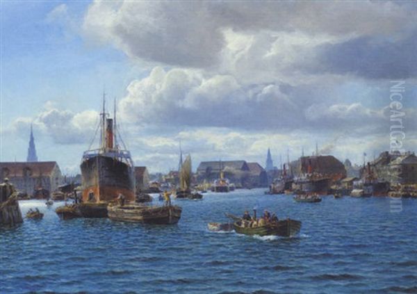 Livlig Trafik I Kobenhavns Havn Oil Painting by Holger Luebbers