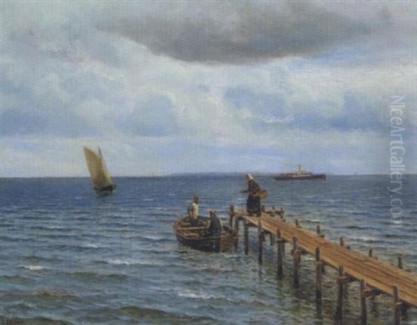 Badebro Med En Kone Og To Fiskere I En Jolle Oil Painting by Holger Luebbers