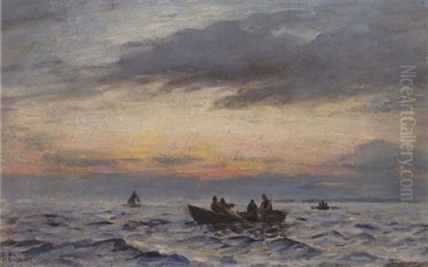 Fiskere Traekker Garn, Agger Oil Painting by Holger Luebbers