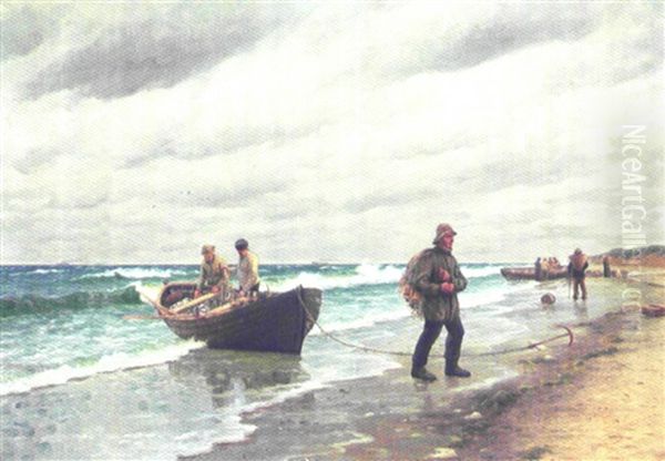 Fangsten Landes, Kystparti Med Optrukne Joller Og Fiskere Oil Painting by Holger Luebbers