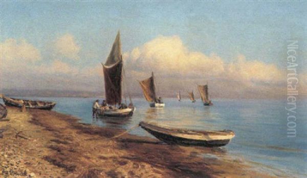 Kystparti Med Bade Og Fiskere Pa Stranden Oil Painting by Holger Luebbers