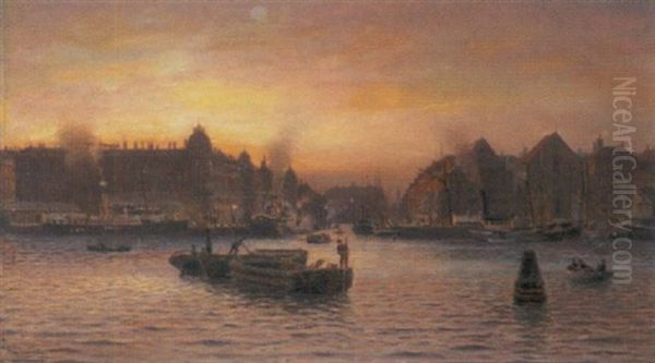 Parti Af Nyhavn, Set Fra Gronlandske Handelsplads, Efter Solnedgang Oil Painting by Holger Luebbers