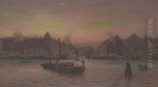 Parti Fra Nyhavn Set Fra Gronlandske Handelsplads Efter Solnedgang Oil Painting by Holger Luebbers