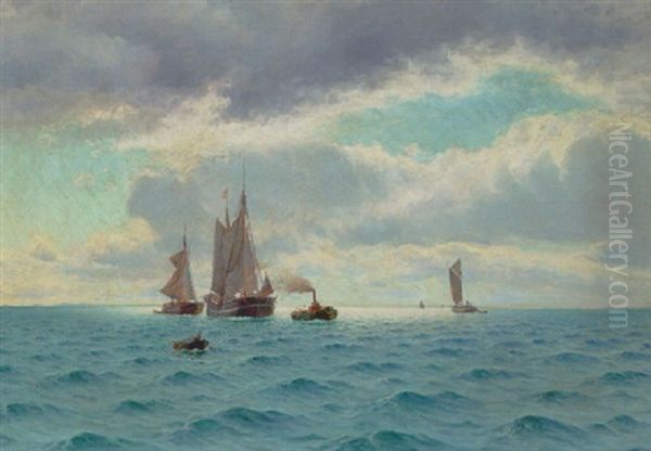 Skibe Bugseres. Motivet Fra Limfjorden I Naerheden Af Agger Oil Painting by Holger Luebbers