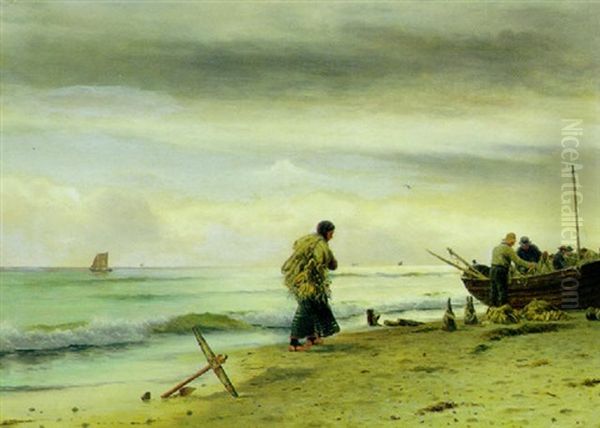 Fiskere Ordner Deres Fangst I Strandkanten Oil Painting by Holger Luebbers